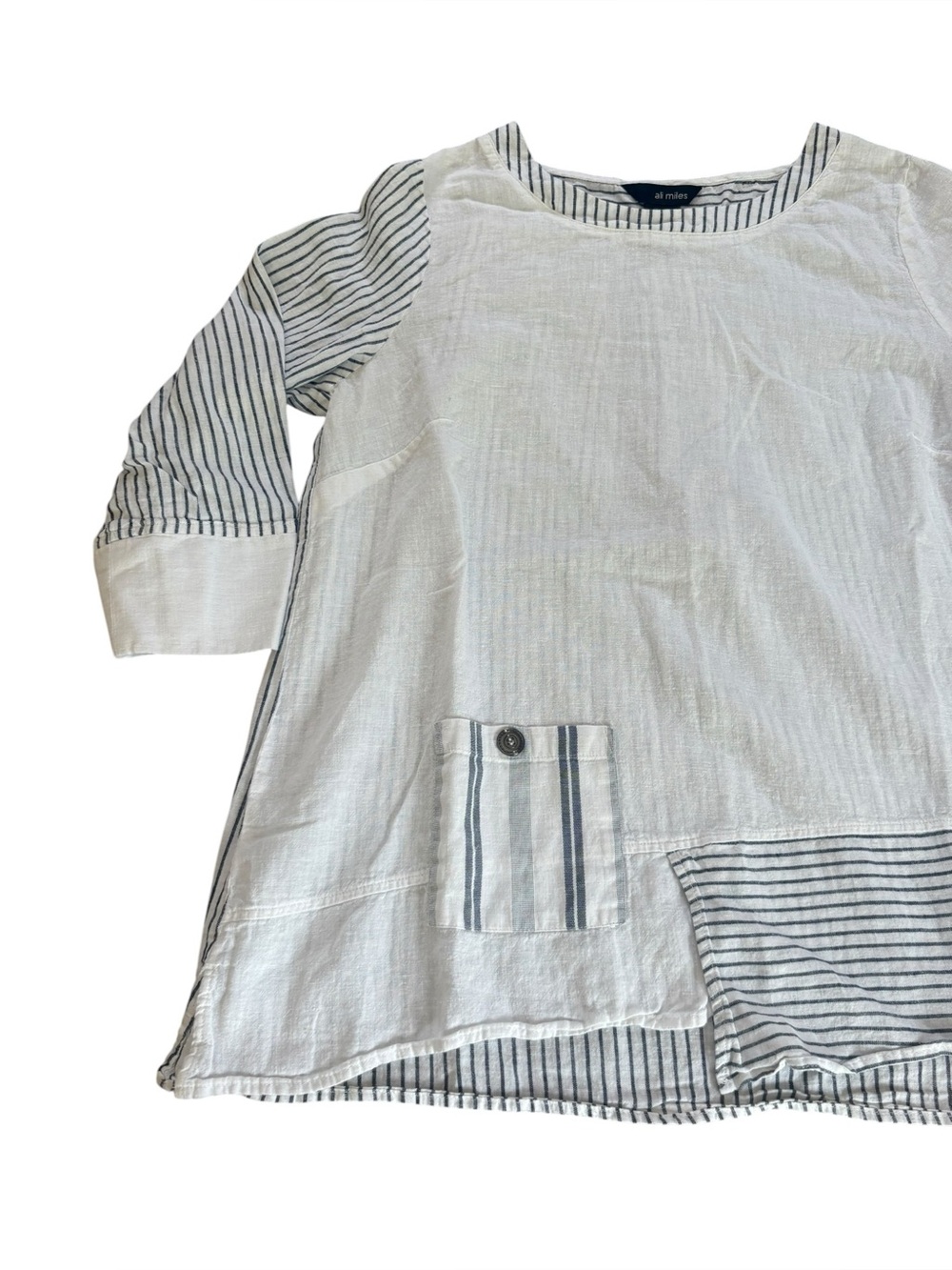 Ali Miles Mixed Print Blouse Top Asymmetrical Hem White Linen Cotton Women Small - Picture 3 of 7